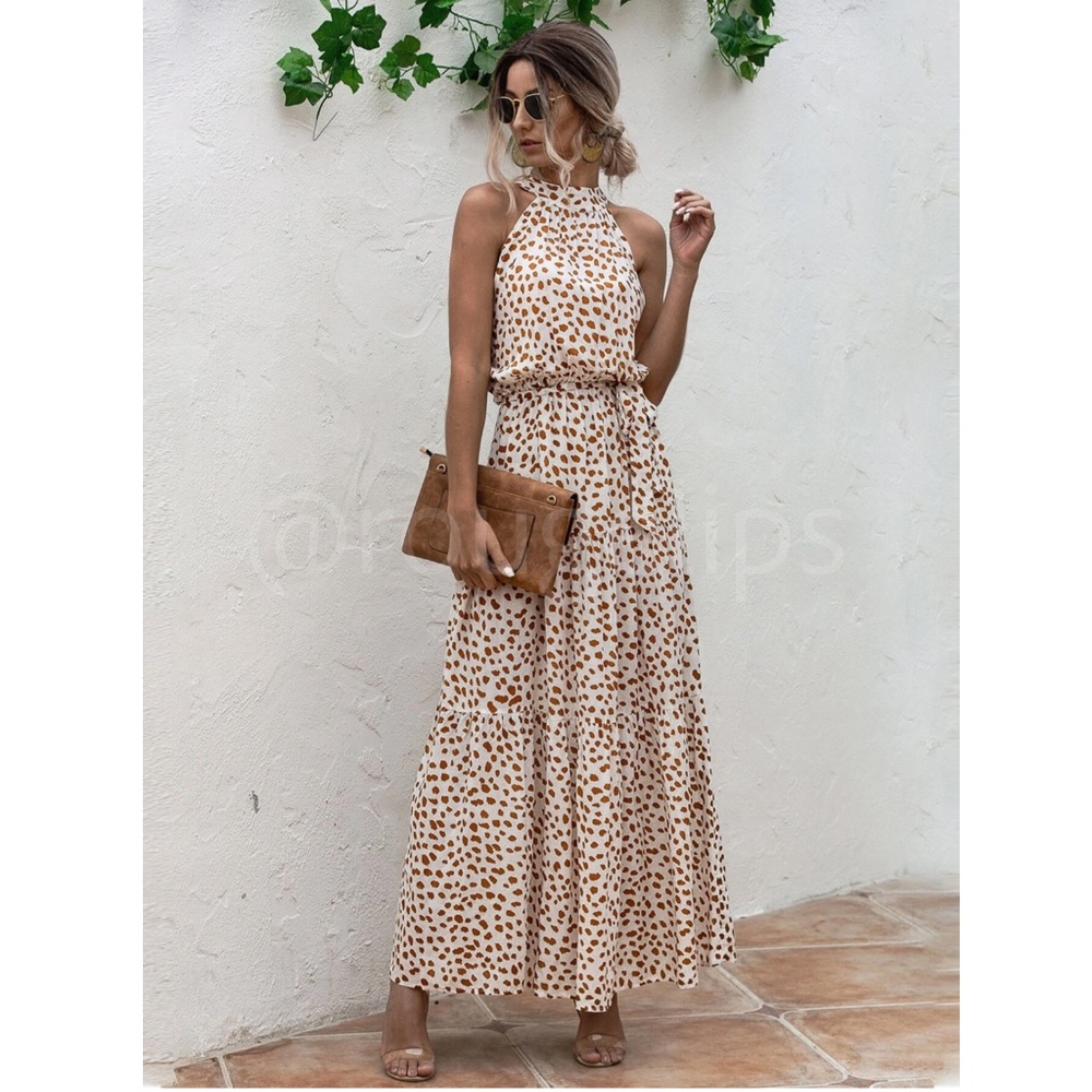 Spotted Print Maxi Dress Tie Belt High Neck - Picture 2 of 10